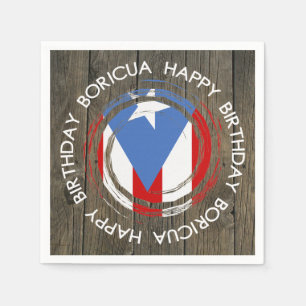 Happy Birthday Boricua Theme on Rustic Wood Napkin