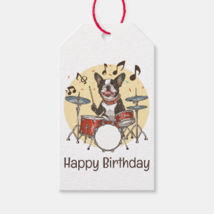 Happy Birthday Boston Terrier Dog Playing Drums Gift Tags