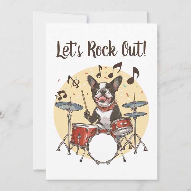 Happy Birthday Boston Terrier Dog Playing Drums Invitation (Front)