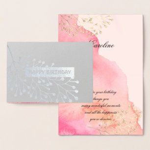 Happy Birthday. Botanical Pink   Peach Watercolor Foil Card