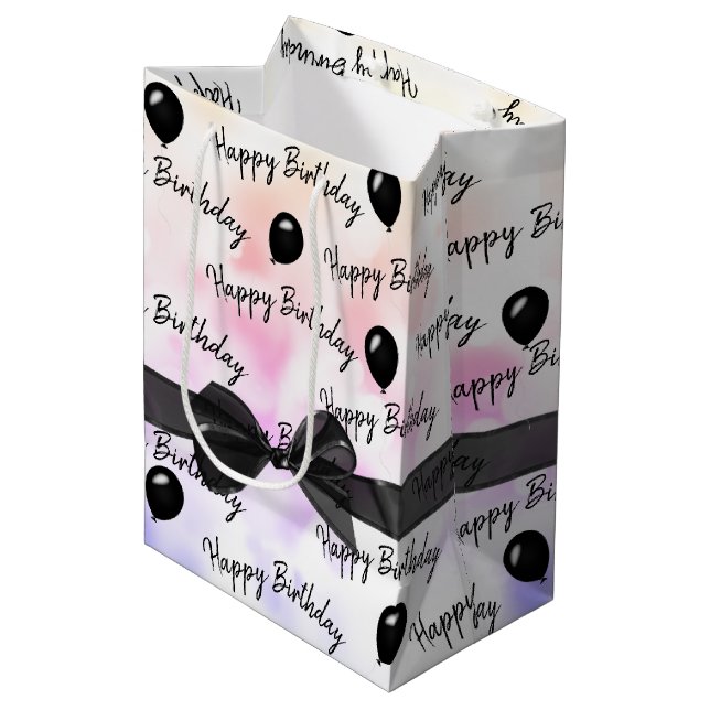 Happy Birthday Bow and Black Balloons Medium Gift Bag (Front Angled)