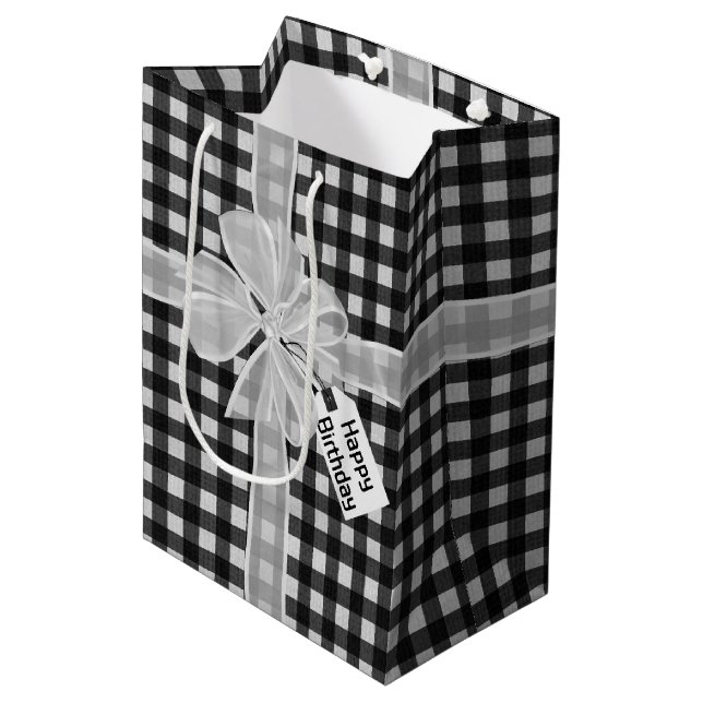 Happy Birthday Bow On Gingham Medium Gift Bag (Front Angled)