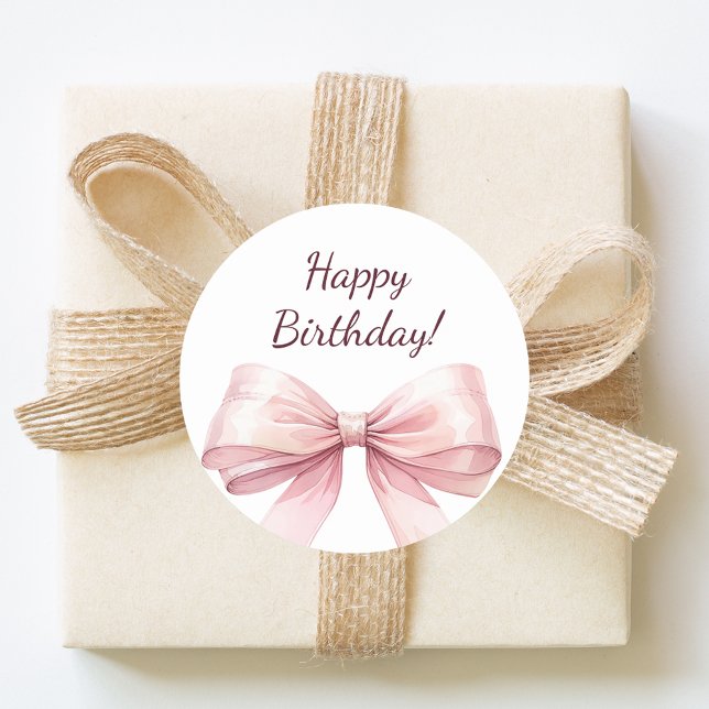 Happy Birthday Bow Pink elegant Classic Round Sticker (Creator Uploaded)