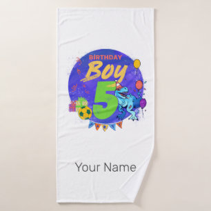 Happy Birthday Boy 5th Fifth Birthday Dinosaur Bath Towel