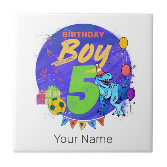 Happy Birthday Boy 5th Fifth Birthday Dinosaur Tile (Front)