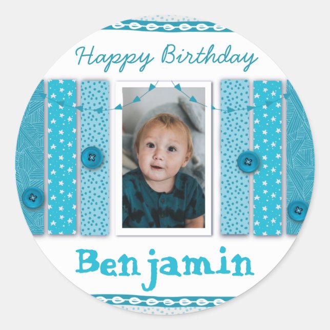 Happy Birthday Boy Blue Scrapbooking Classic Round Sticker (Front)