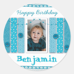 Happy Birthday Boy Blue Scrapbooking Classic Round Sticker