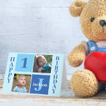 Happy Birthday Boy Cute Custom Blue Kids Card<br><div class="desc">Cool 2 photo square happy birthday card for a little boy or toddler. Celebrate your child's birthday with cute photographs of them on this add your own photograph postcard with adorable blue squares. Add their name and age.</div>