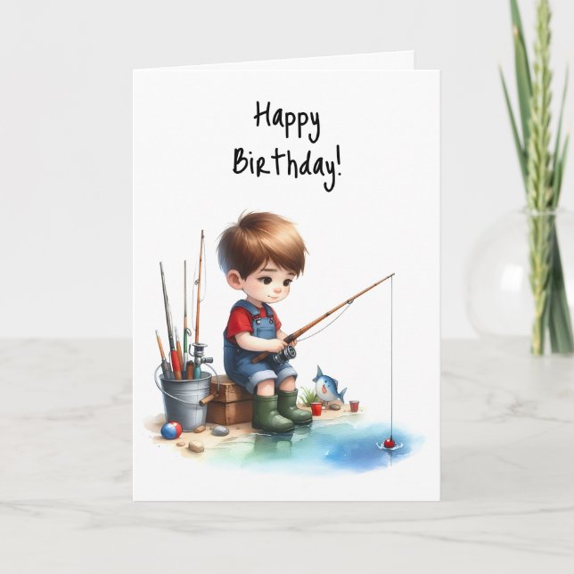 Happy Birthday Boy Fishing Pond Overalls Red Shirt Card (Front)