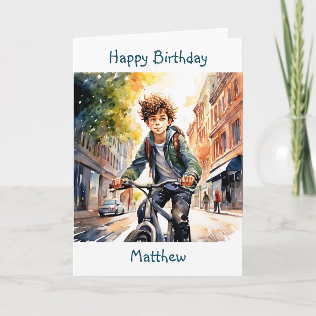 Happy Birthday | Boy on Bike in City Personalised Card (Front)