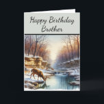 Happy Birthday Brother Deer Buck Card<br><div class="desc">This birthday card showcases a young buck deer gracefully drinking from a serene woodland stream. The scene is enhanced by bluffs and trees lining the waterbank, creating a tranquil nature setting, ideal for a special birthday. Personalise the title and inside greeting to make this card uniquely yours. Alternatively, you may...</div>