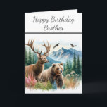 Happy Birthday Brother Nature Wildlife Card<br><div class="desc">Adventure vibes, coming right up! This Birthday Card was created for men who feel most alive in the great outdoors. With a digital watercolor design featuring a mighty deer buck and majestic grizzly bear There is an inside greeting that you can personalise to make it your own. (AI watercolor art...</div>