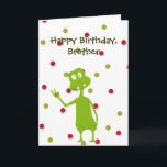 Happy Birthday Brother Space Alien Card<br><div class="desc">Birthday card for that special brother. Drawing of green space alien on a red and green polka dot background. You can edit the text to customise this card for anyone and/or any occasion.</div>