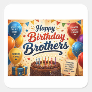 Happy Birthday Brothers Celebration Balloons Cake  Square Sticker