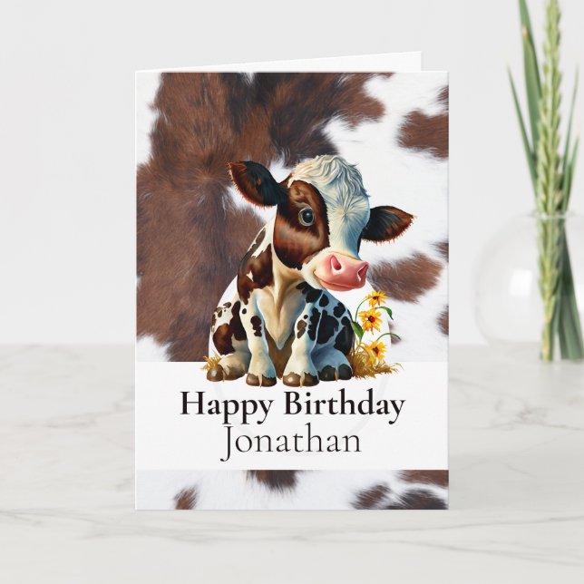 HAPPY BIRTHDAY BROWN COW HIDE BOY  CARD (Front)