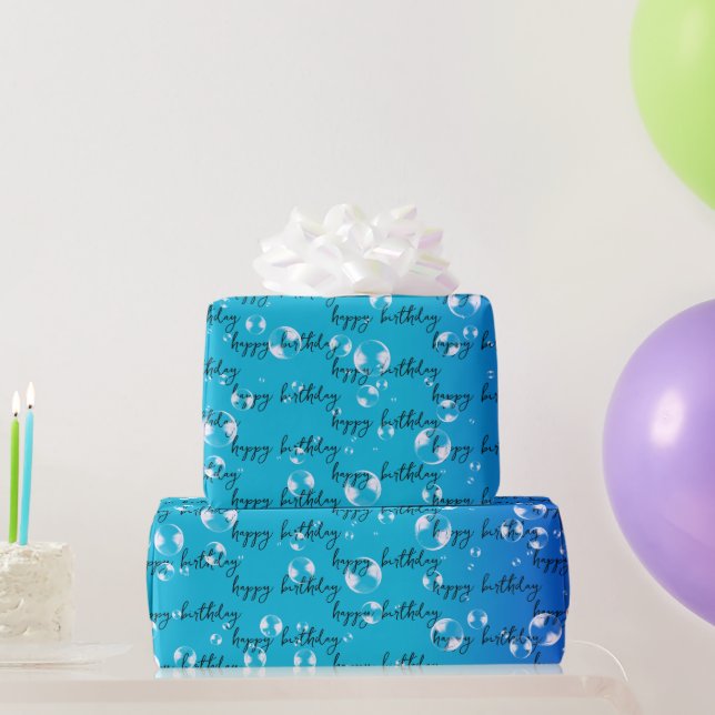 Happy Birthday Bubbles On Blue Gradient Wrapping Paper (Party Gifts)