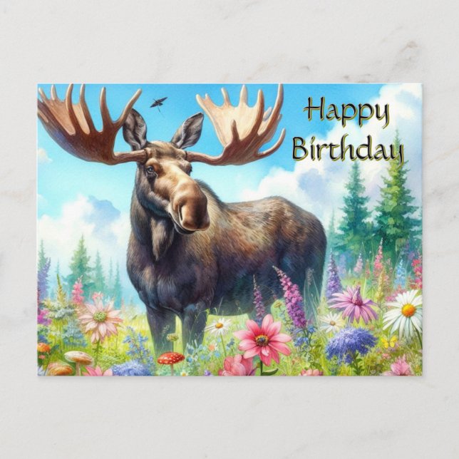 Happy Birthday Bull Moose and Wildflowers Postcard (Front)