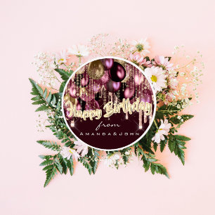 Happy Birthday Burgundy Drips Gold Balloon Marsala Classic Round Sticker