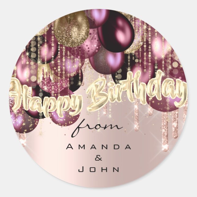 Happy Birthday Burgundy Drips Gold BALLOONS Glam Classic Round Sticker (Front)