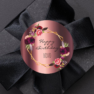 Happy birthday burgundy floral gold metallic classic round sticker