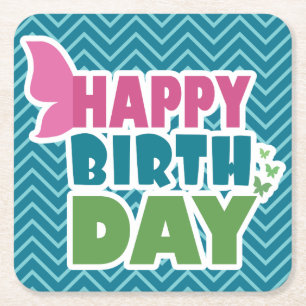 Happy birthday butterfly blue square paper coaster