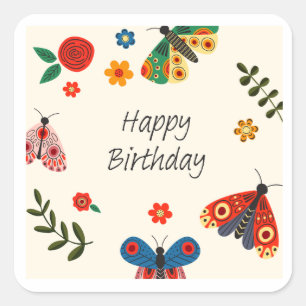 Happy Birthday Butterfly Floral Greeting Card Square Sticker