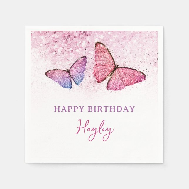 Happy Birthday Butterfly Girl Birthday Party Napkin (Front)