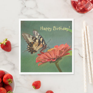 Happy Birthday Butterfly On Zinnia Napkin