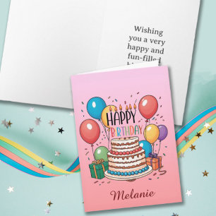 Happy Birthday Cake and Balloons on Ombre Pink Card