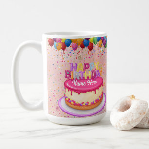 Happy Birthday Cake Balloon and Confetti Coffee Mug