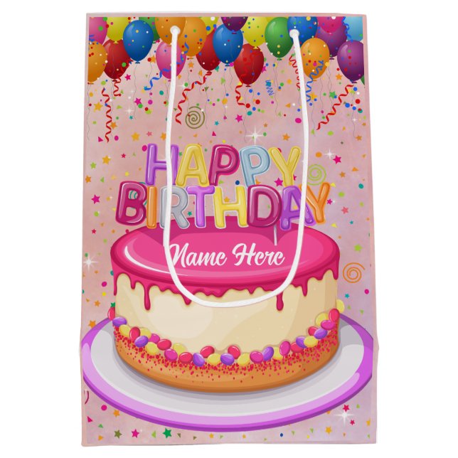 Happy Birthday Cake Balloon and Confetti  Medium Gift Bag (Back)