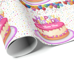 Happy Birthday Cake Balloon and Confetti Wrapping Paper