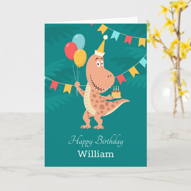 Happy Birthday Cake Balloon Cute Dinosaur Card (Yellow Flower)