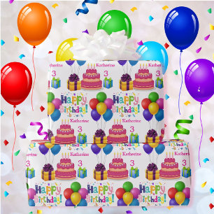 Happy Birthday Cake Balloons Add Name Girl's Pink Wrapping Paper