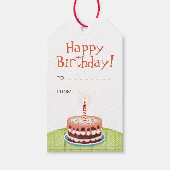 Happy Birthday cake, candle and balloons Gift Tag (Front)