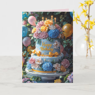 Happy Birthday Cake Candles Pretty Flowers Bows Card