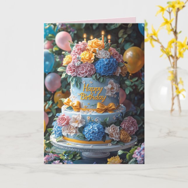 Happy Birthday Cake Candles Pretty Flowers Bows Card (Yellow Flower)