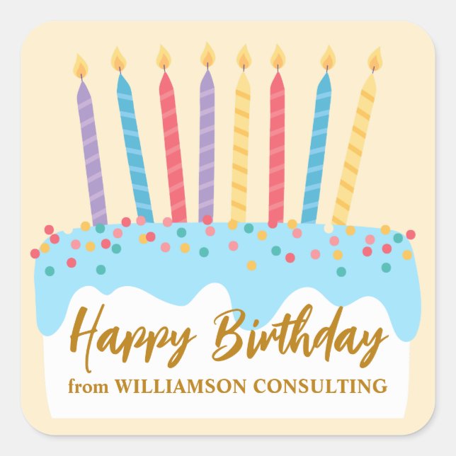 Happy Birthday Cake Chic Custom Business Square Sticker (Front)