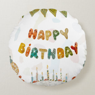 Happy Birthday cake flower cute colorful simple  Round Cushion