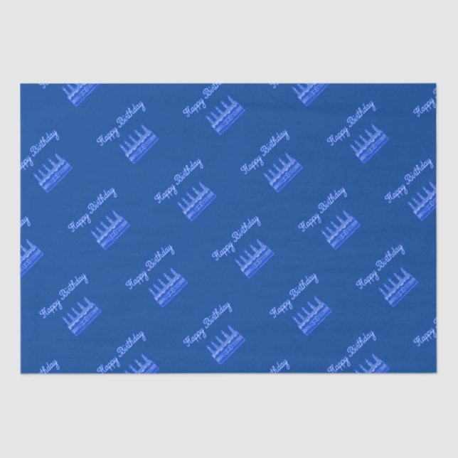 Happy Birthday Cake Neon Blue Sign Text and Cake  Tissue Paper (Front)