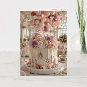 Happy Birthday Cake Pretty Pink Mauve Flowers   Card