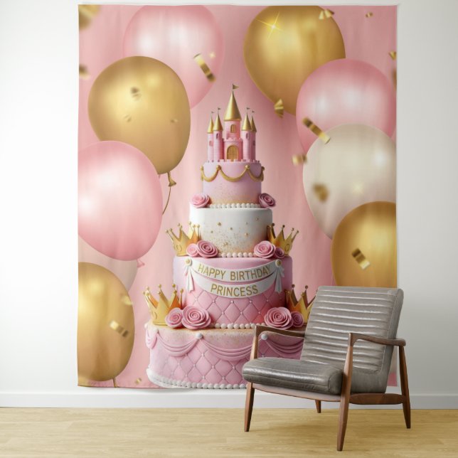 Happy Birthday Cake Princess Castle Banner Tapestry (In Situ)