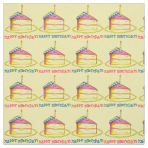 Happy Birthday! Cake Slice Candle Pink Yellow Bday Fabric