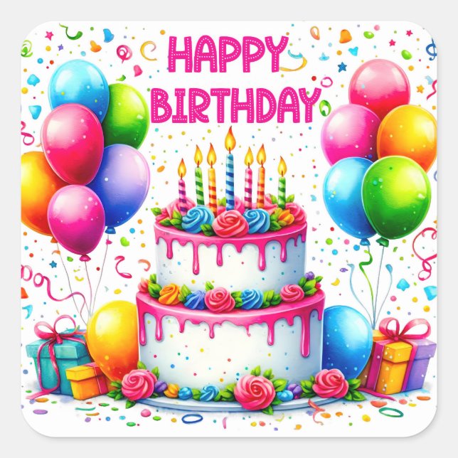 Happy Birthday Cake Square Sticker (Front)