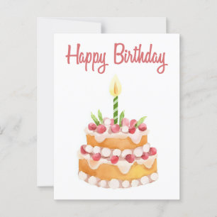 Happy Birthday Cake Watercolor Strawberry Postcard