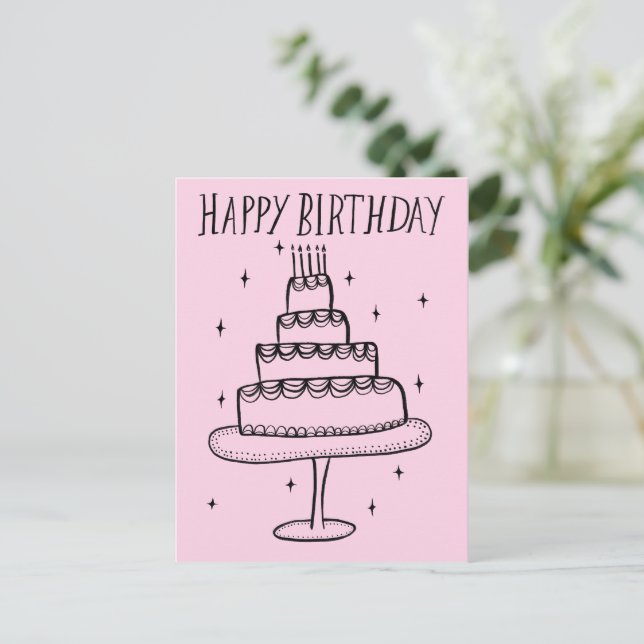 Happy Birthday Cake Whimsical Sketch Doodle  Postcard (Standing Front)
