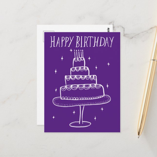 Happy Birthday Cake Whimsical Sketch Doodle  Postcard (Front/Back In Situ)