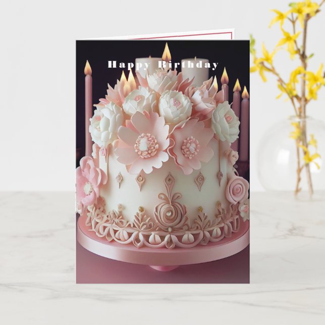 Happy Birthday Cake with Pink Candles and Flowers  Card (Yellow Flower)