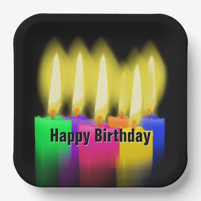 Happy Birthday Candles On Black   Paper Plate (Front)