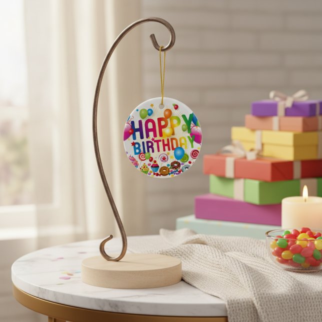 Happy Birthday Candy and Balloons Ceramic Tree Decoration (Happy Birthday Candy and Balloons Ceramic Ornament)